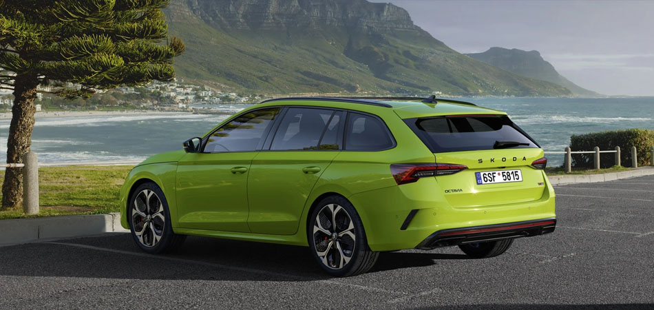 rear side view of a green Octavia RS