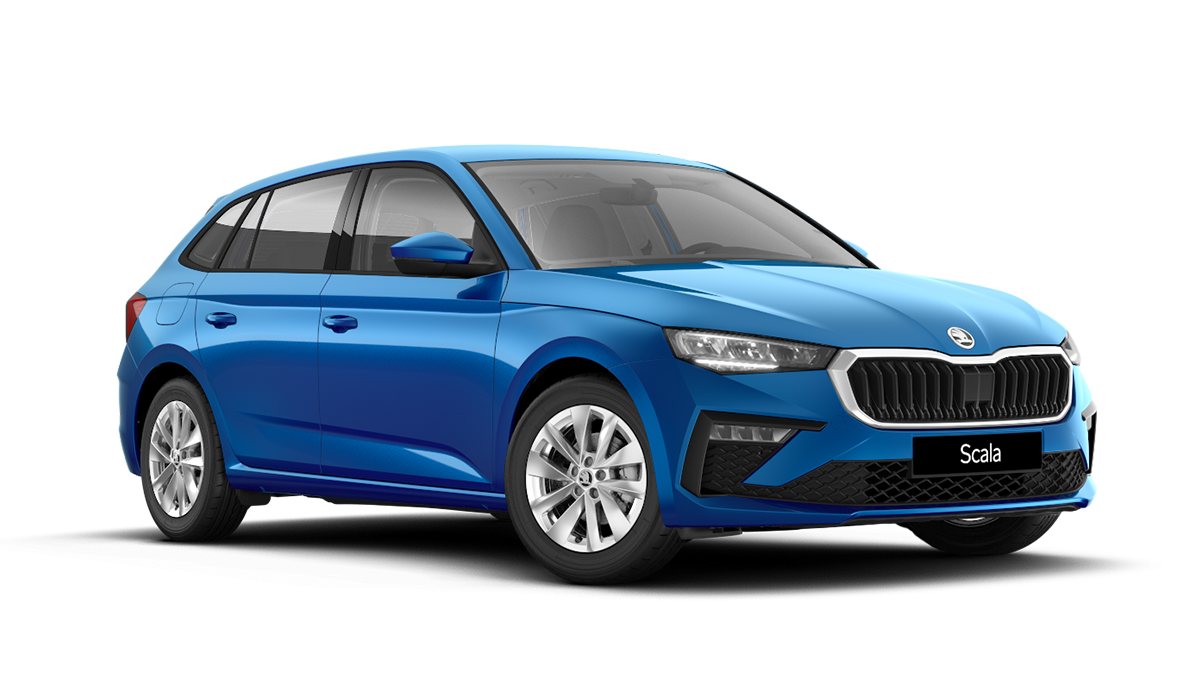 Front 3/4 render of a Škoda vehicle with Race Blue paint