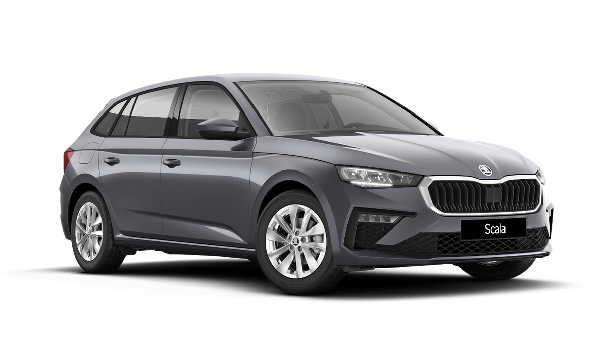 Front 3/4 render of a Škoda vehicle with Graphite Grey paint