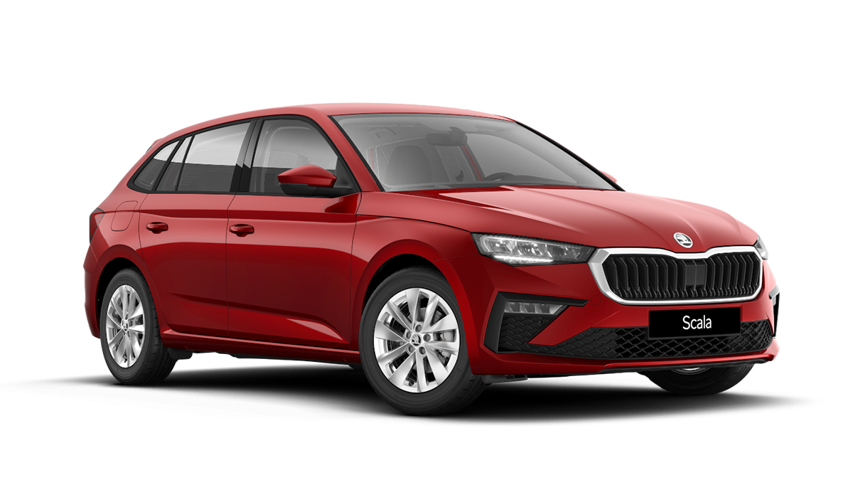 Front 3/4 render of a Škoda vehicle with Velvet Red paint