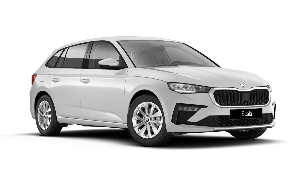 Front 3/4 render of a Škoda vehicle with Moon White paint