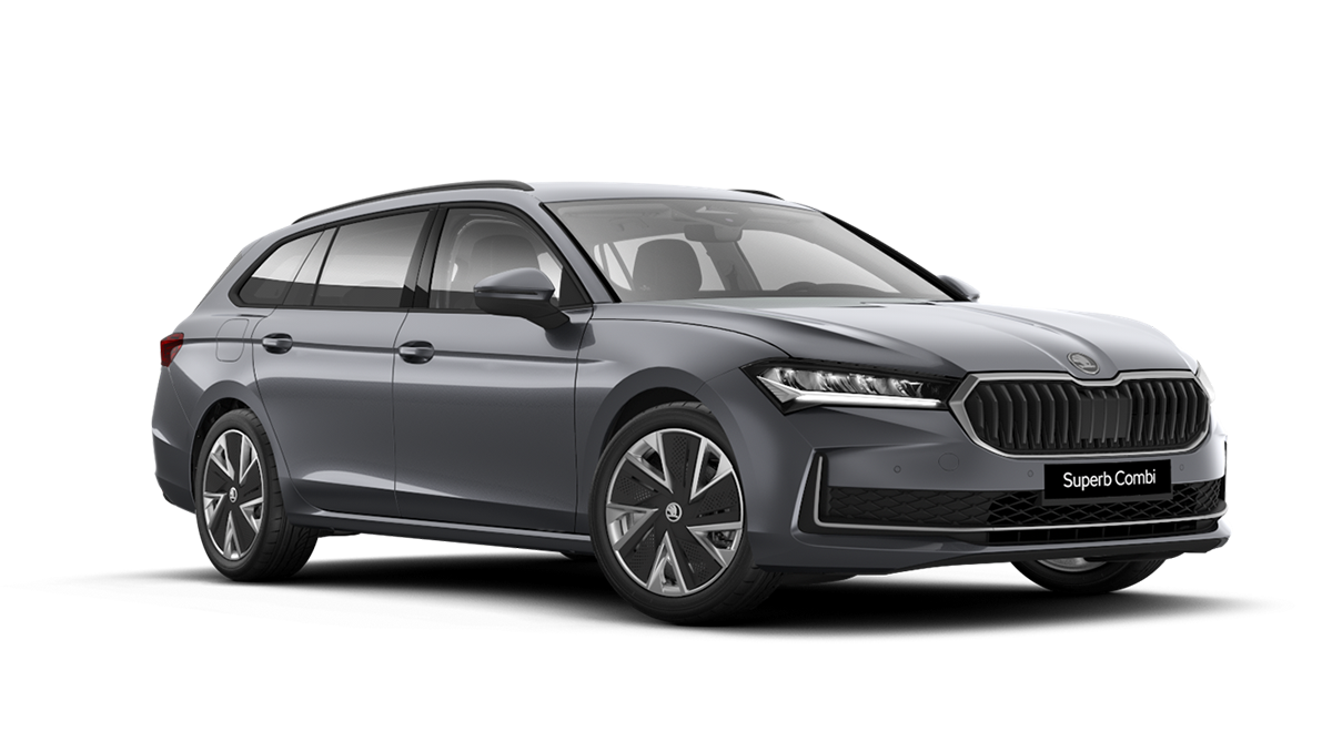 Front 3/4 render of a Škoda vehicle with Graphite Grey paint