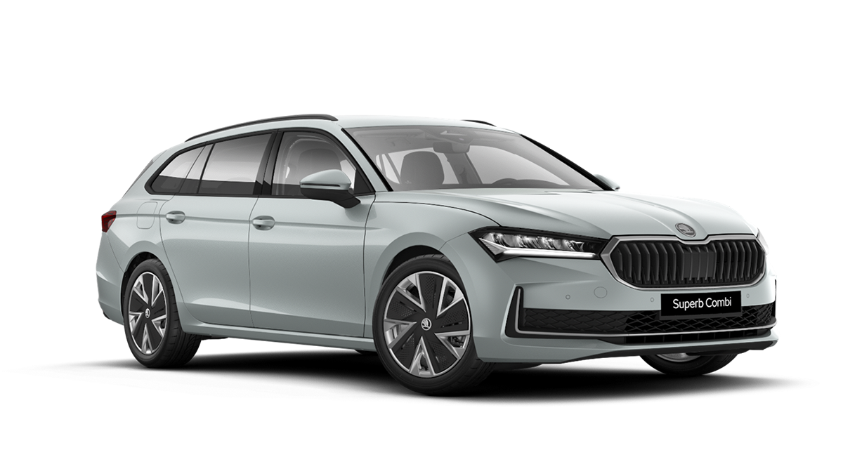 Front 3/4 render of a Škoda vehicle with Pebble Silver paint