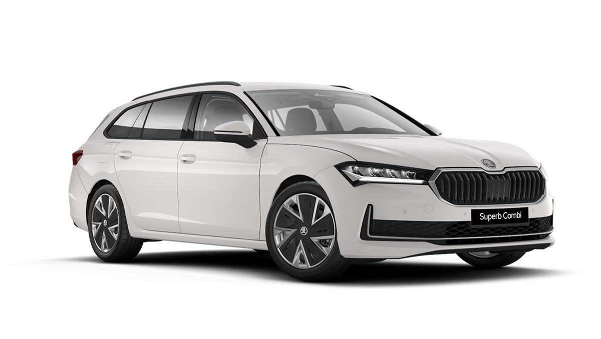 Front 3/4 render of a Škoda vehicle with Pure White paint